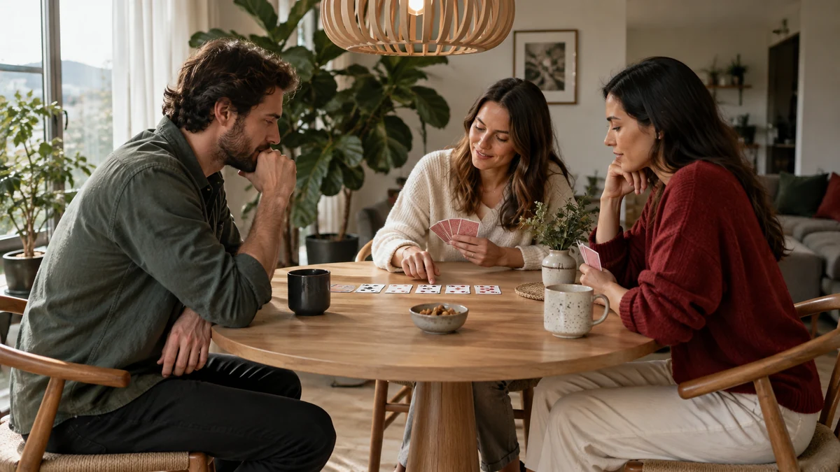 朋友围坐木桌讨论牌面规则的自然交流场景